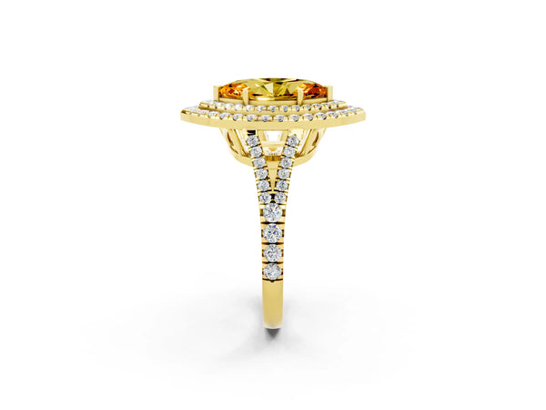 Yellow gold Marquise Cut Citrine Double Halo Ring with Pavé Band and Prong Setting