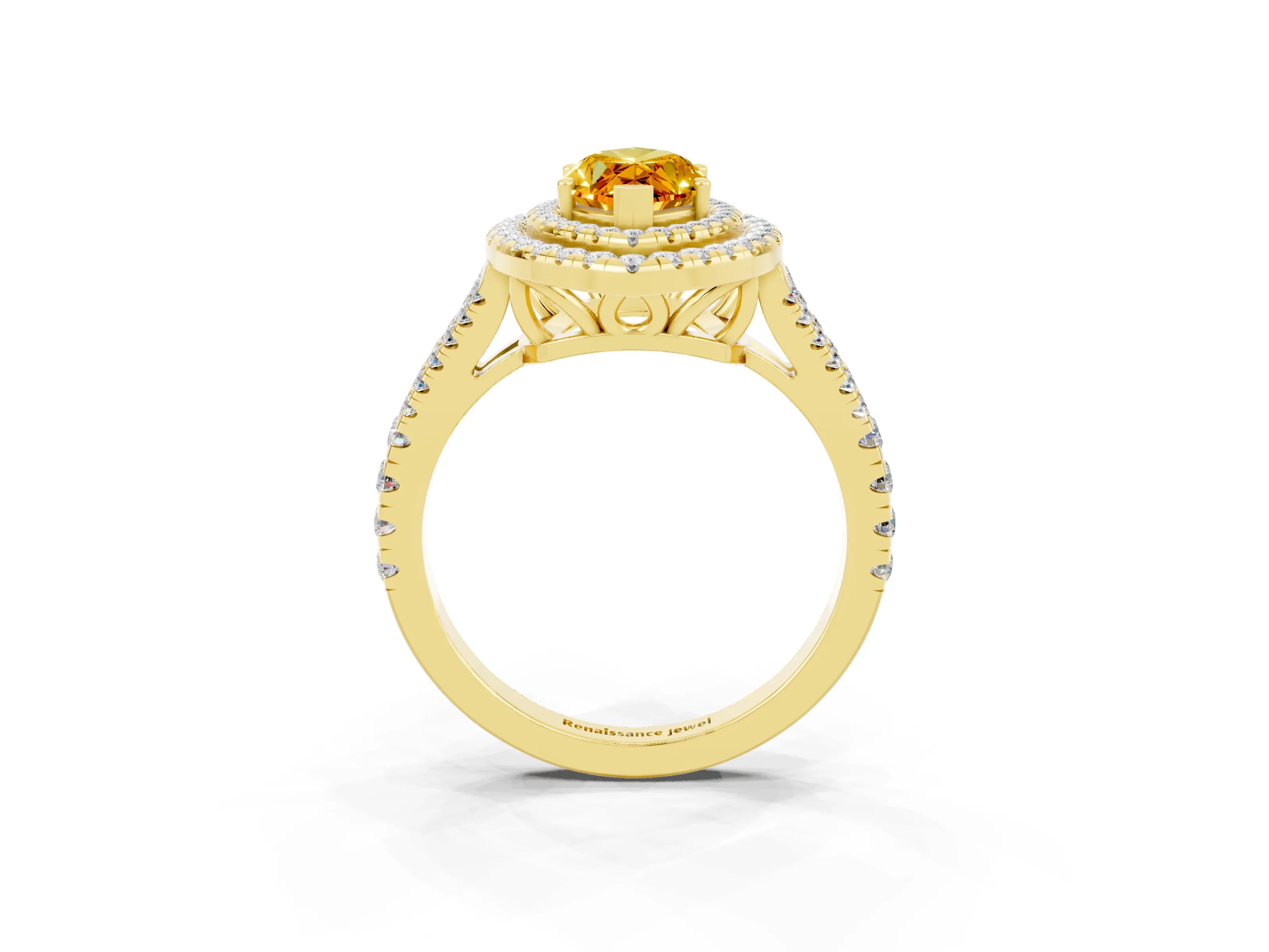 Yellow gold Marquise Cut Citrine Double Halo Ring with Pavé Band and Prong Setting_15