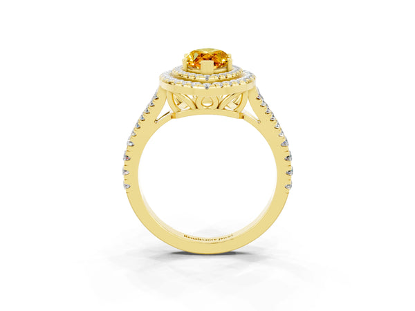 Yellow gold Marquise Cut Citrine Double Halo Ring with Pavé Band and Prong Setting