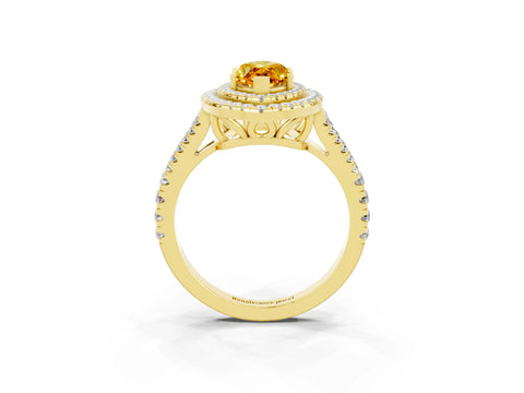 Yellow gold Marquise Cut Citrine Double Halo Ring with Pavé Band and Prong Setting_15