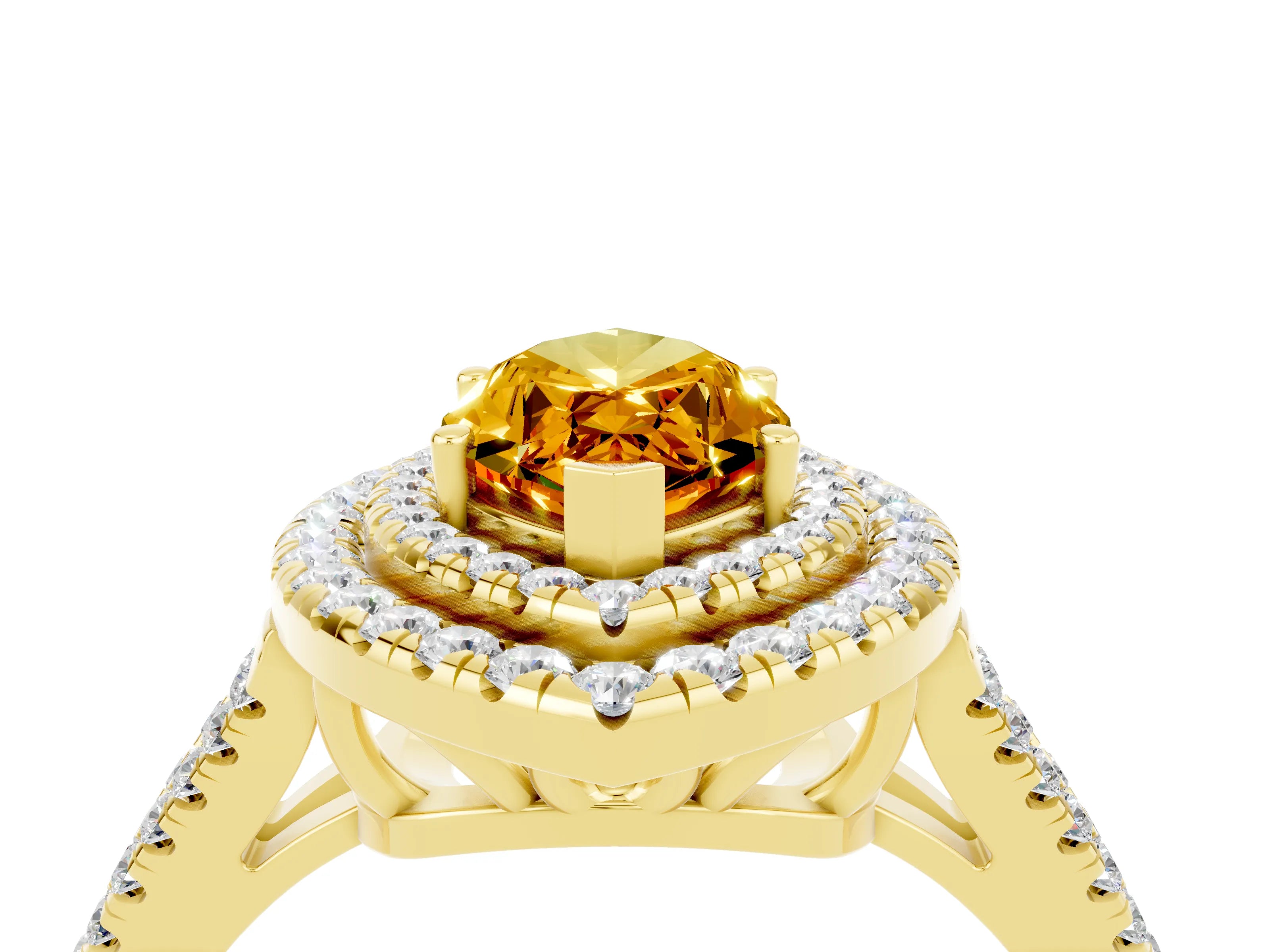 Yellow gold Marquise Cut Citrine Double Halo Ring with Pavé Band and Prong Setting_16
