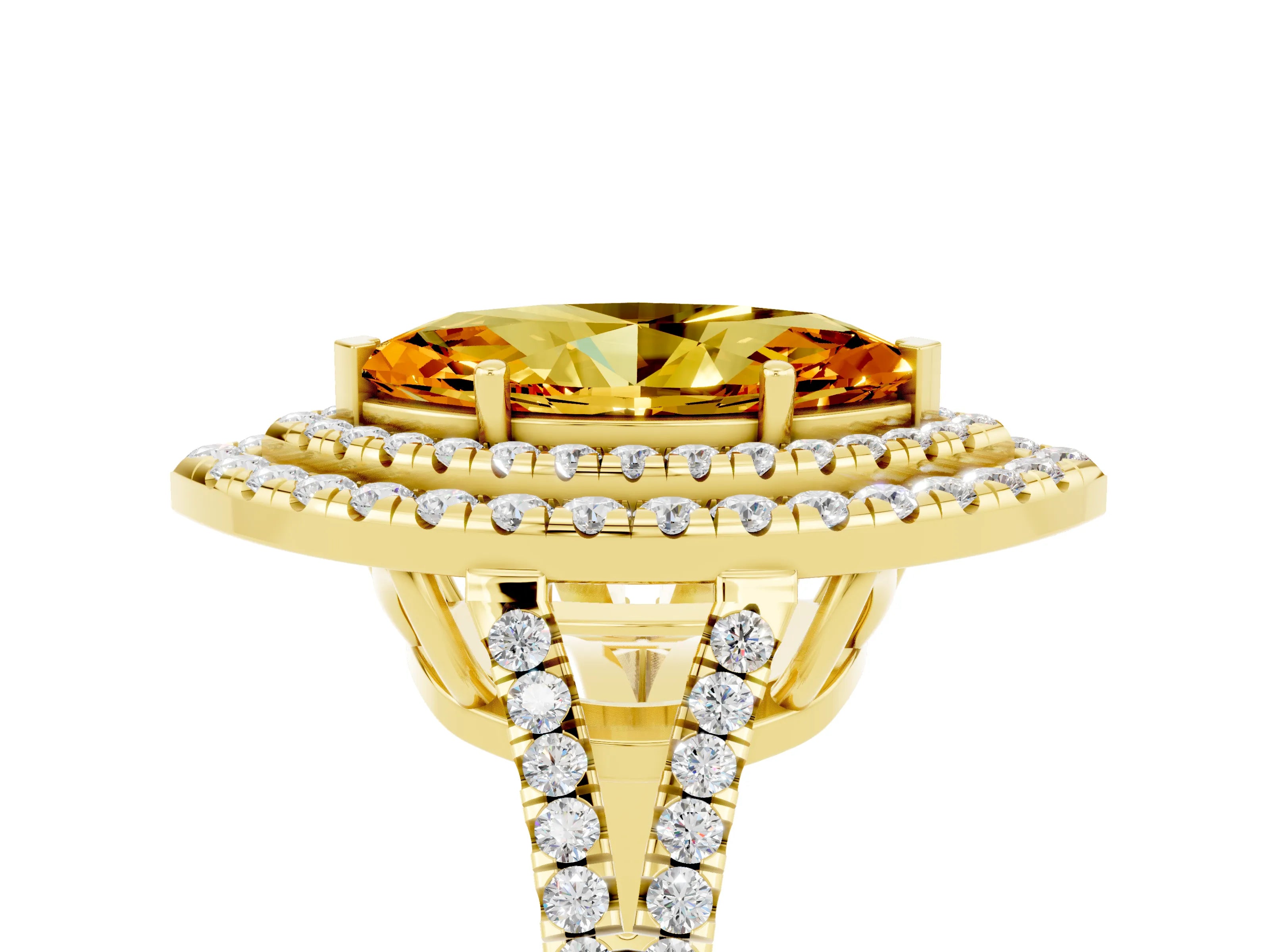 Yellow gold Marquise Cut Citrine Double Halo Ring with Pavé Band and Prong Setting_17