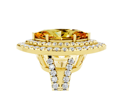 Yellow gold Marquise Cut Citrine Double Halo Ring with Pavé Band and Prong Setting_17