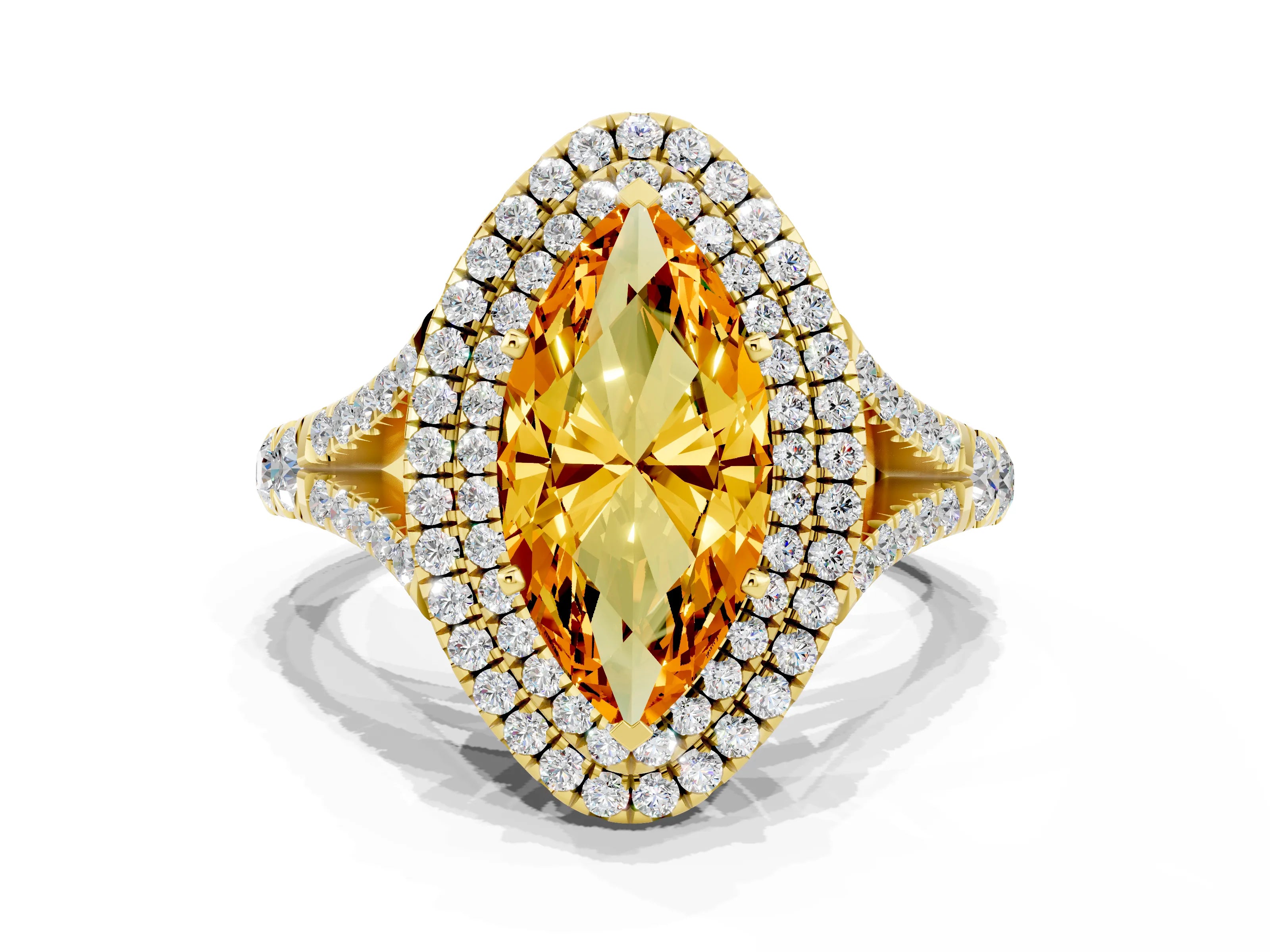 Yellow gold Marquise Cut Citrine Double Halo Ring with Split Shank and Prong Setting_12