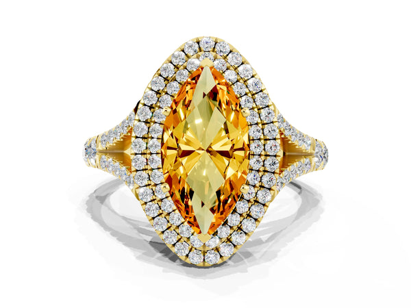 Yellow gold Marquise Cut Citrine Double Halo Ring with Split Shank and Prong Setting
