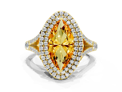 Yellow gold Marquise Cut Citrine Double Halo Ring with Split Shank and Prong Setting_12
