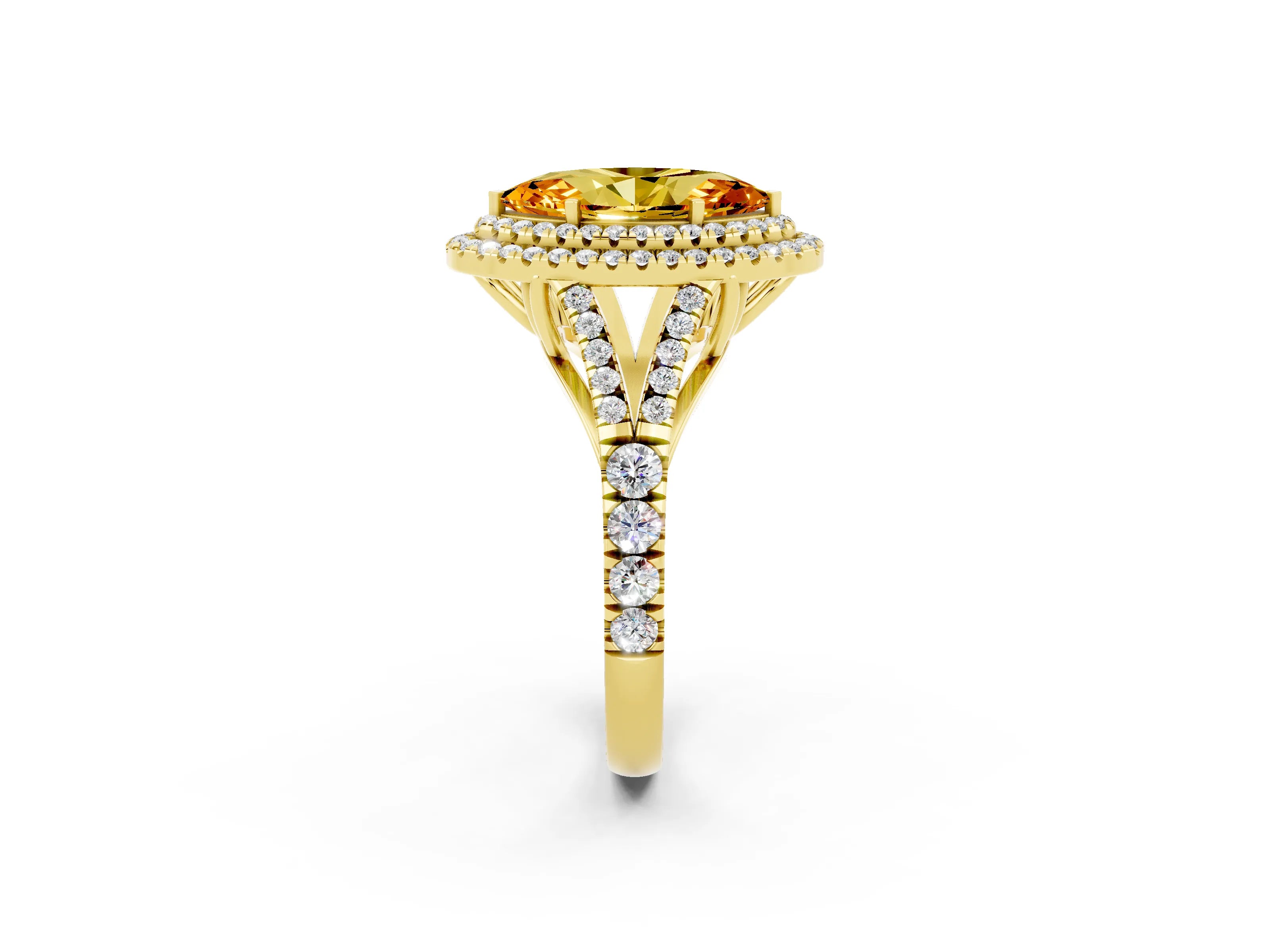 Yellow gold Marquise Cut Citrine Double Halo Ring with Split Shank and Prong Setting_14