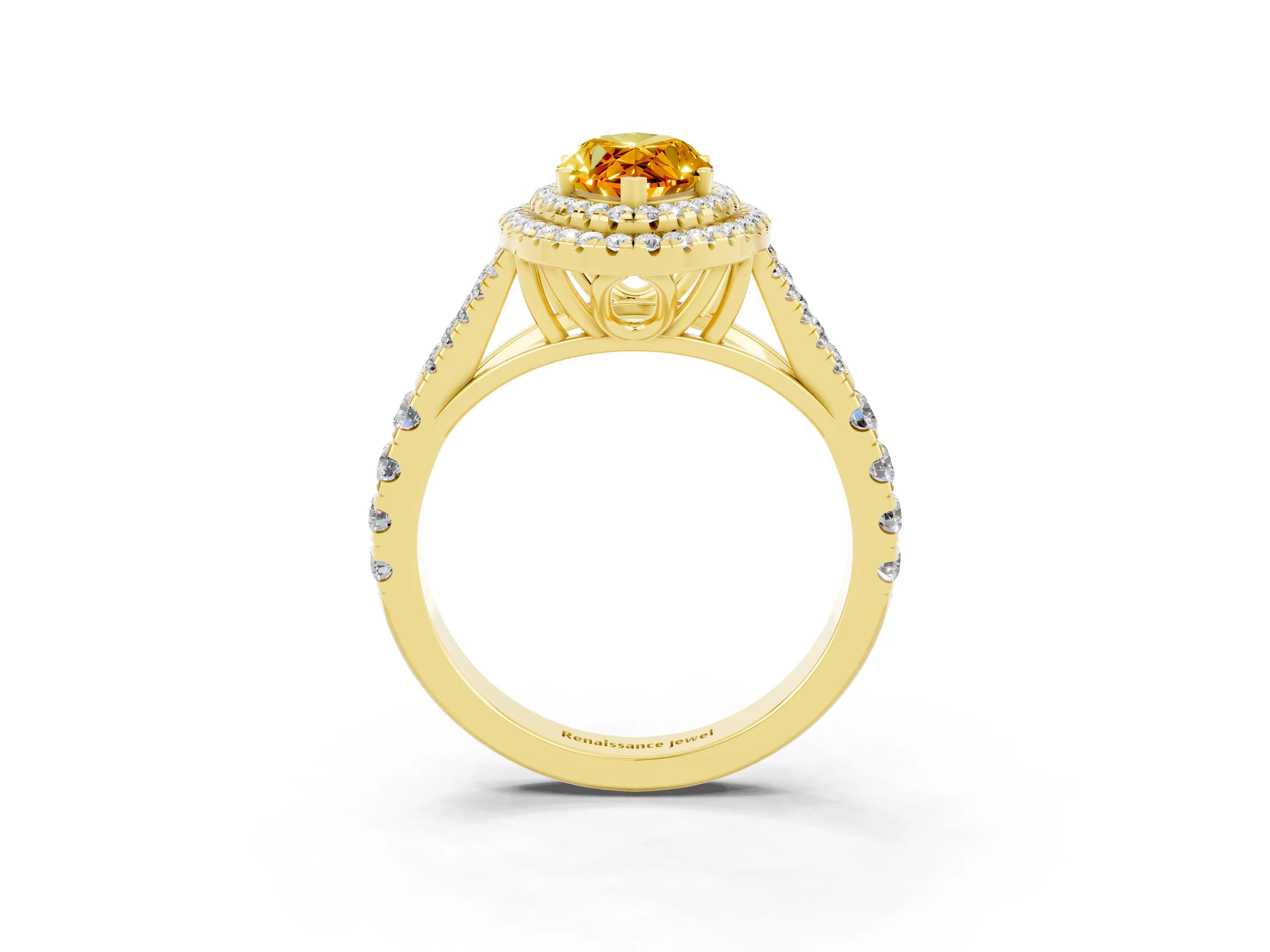 Yellow gold Marquise Cut Citrine Double Halo Ring with Split Shank and Prong Setting_15
