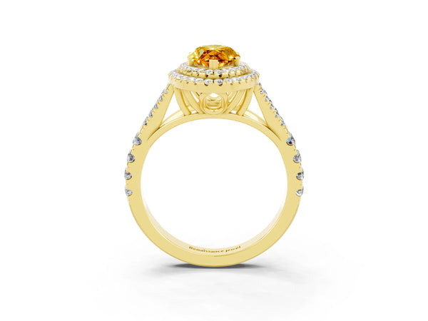 Yellow gold Marquise Cut Citrine Double Halo Ring with Split Shank and Prong Setting