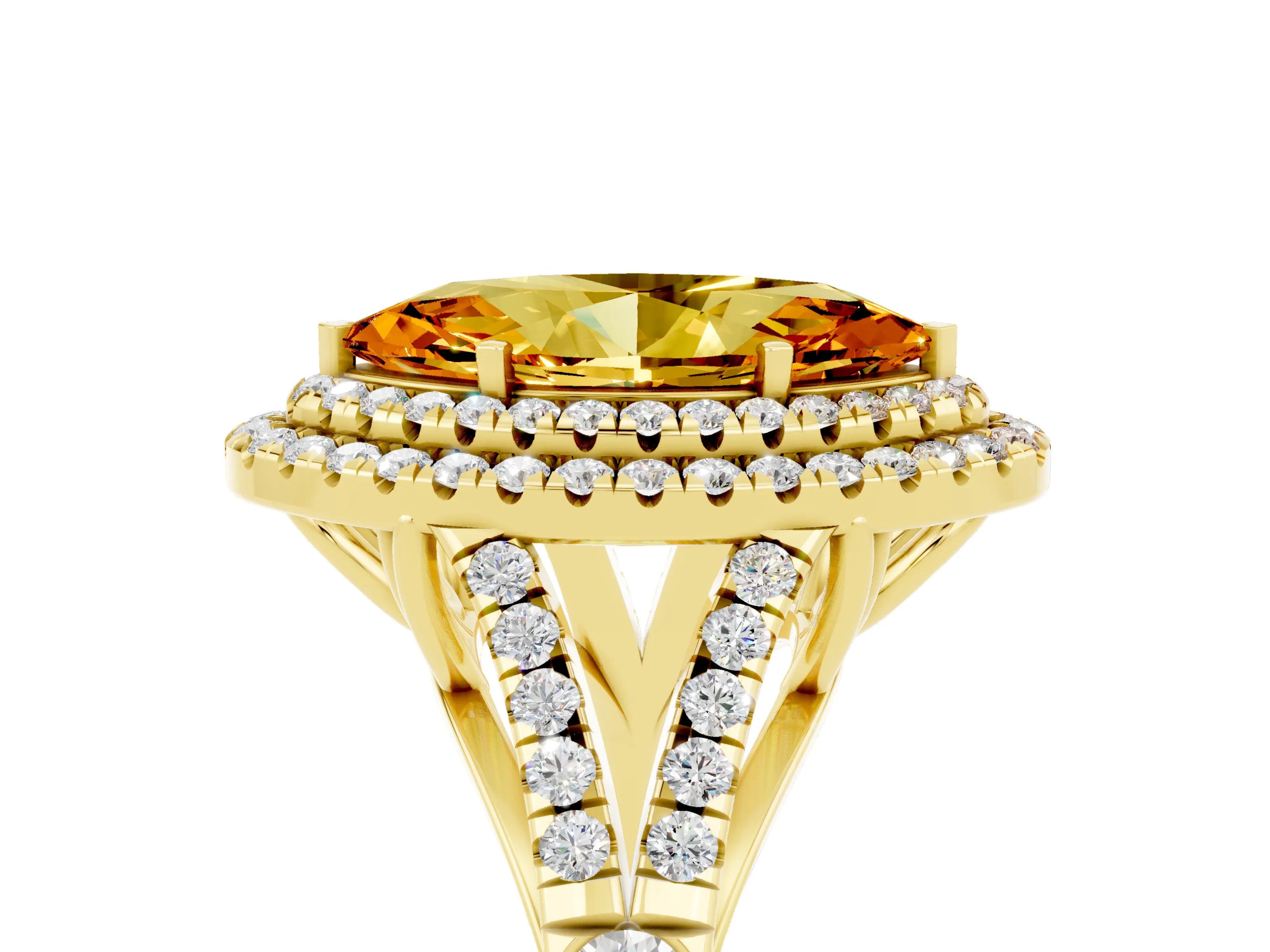 Yellow gold Marquise Cut Citrine Double Halo Ring with Split Shank and Prong Setting_17