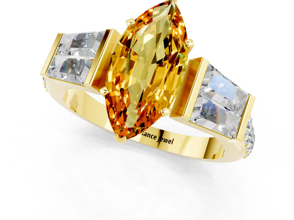 Yellow gold Marquise Cut Citrine Engagement Ring with Baguette Side Stones and Channel Set Band