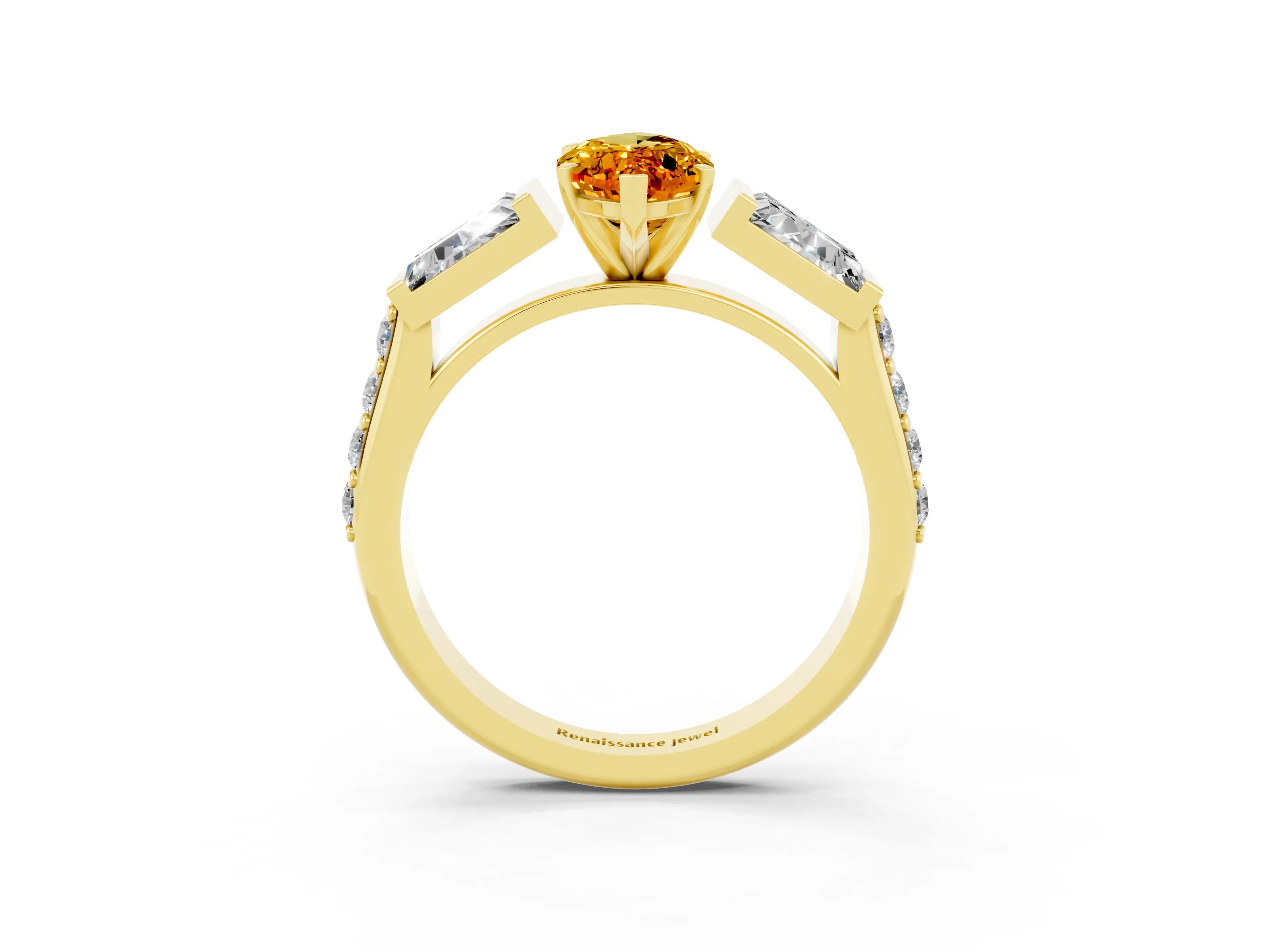 Yellow gold Marquise Cut Citrine Engagement Ring with Baguette Side Stones and Channel Set Band_3