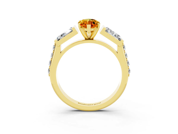 Yellow gold Marquise Cut Citrine Engagement Ring with Baguette Side Stones and Channel Set Band
