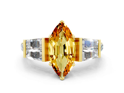 Yellow gold Marquise Cut Citrine Engagement Ring with Baguette Side Stones and Channel Set Band