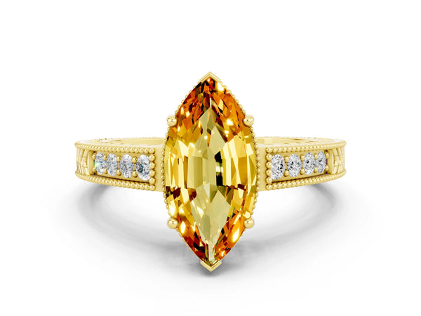 Yellow gold Marquise Cut Citrine Engagement Ring with Milgrain Channel Set Band and Prong Setting