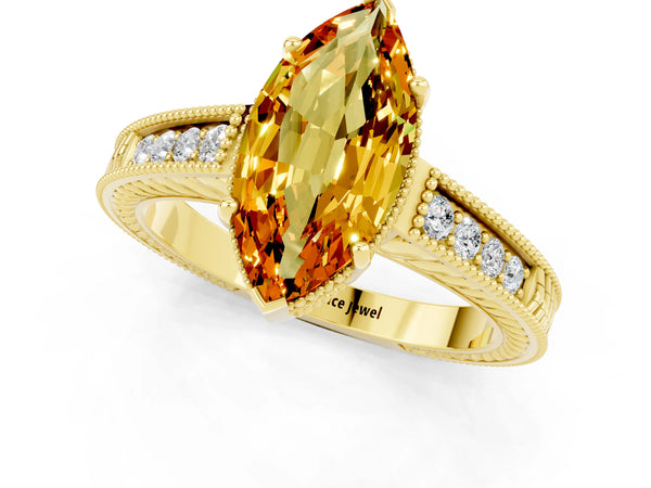 Yellow gold Marquise Cut Citrine Engagement Ring with Milgrain Channel Set Band and Prong Setting