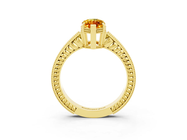 Yellow gold Marquise Cut Citrine Engagement Ring with Milgrain Channel Set Band and Prong Setting
