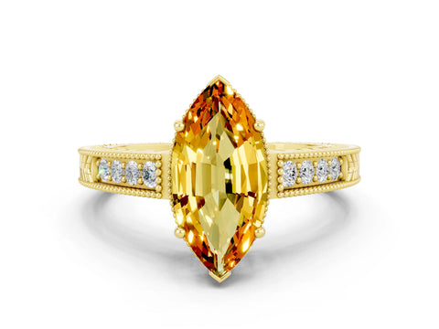 Yellow gold Marquise Cut Citrine Engagement Ring with Milgrain Channel Set Band and Prong Setting