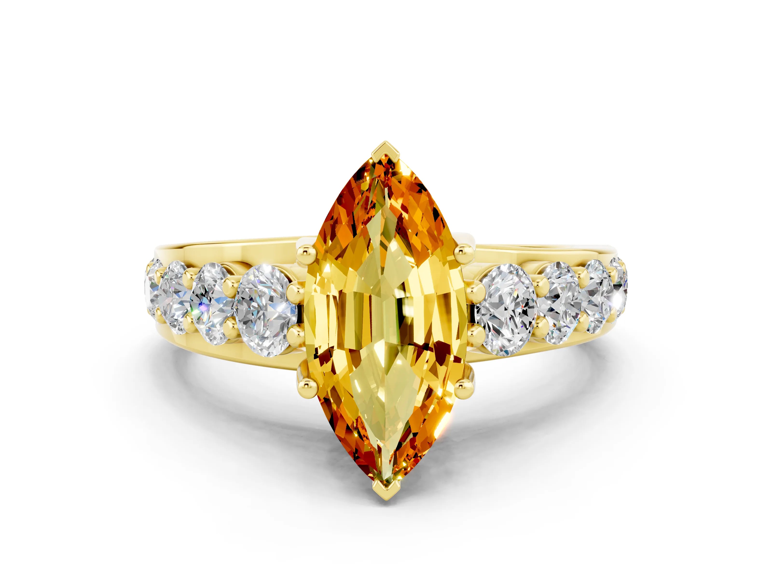 Yellow gold Marquise Cut Citrine Engagement Ring with Pavé Band and Four-Prong Setting