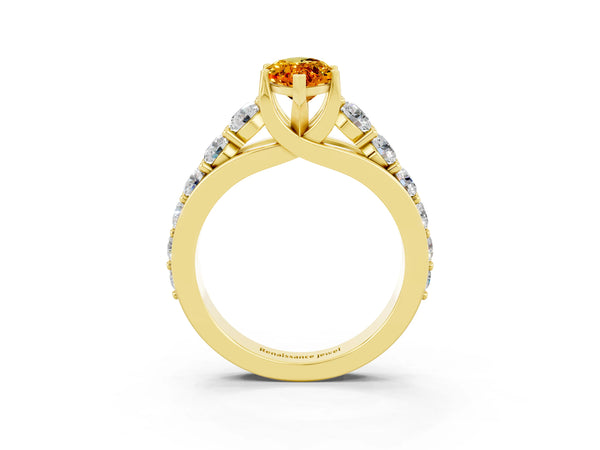 Yellow gold Marquise Cut Citrine Engagement Ring with Pavé Band and Four-Prong Setting