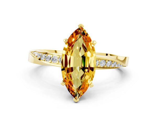 Yellow gold Marquise Cut Citrine Engagement Ring with Side Stone Accents and Four-Prong Setting