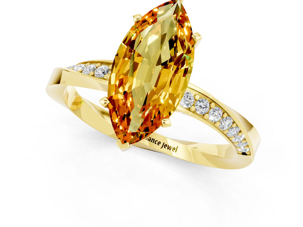 Yellow gold Marquise Cut Citrine Engagement Ring with Side Stone Accents and Four-Prong Setting