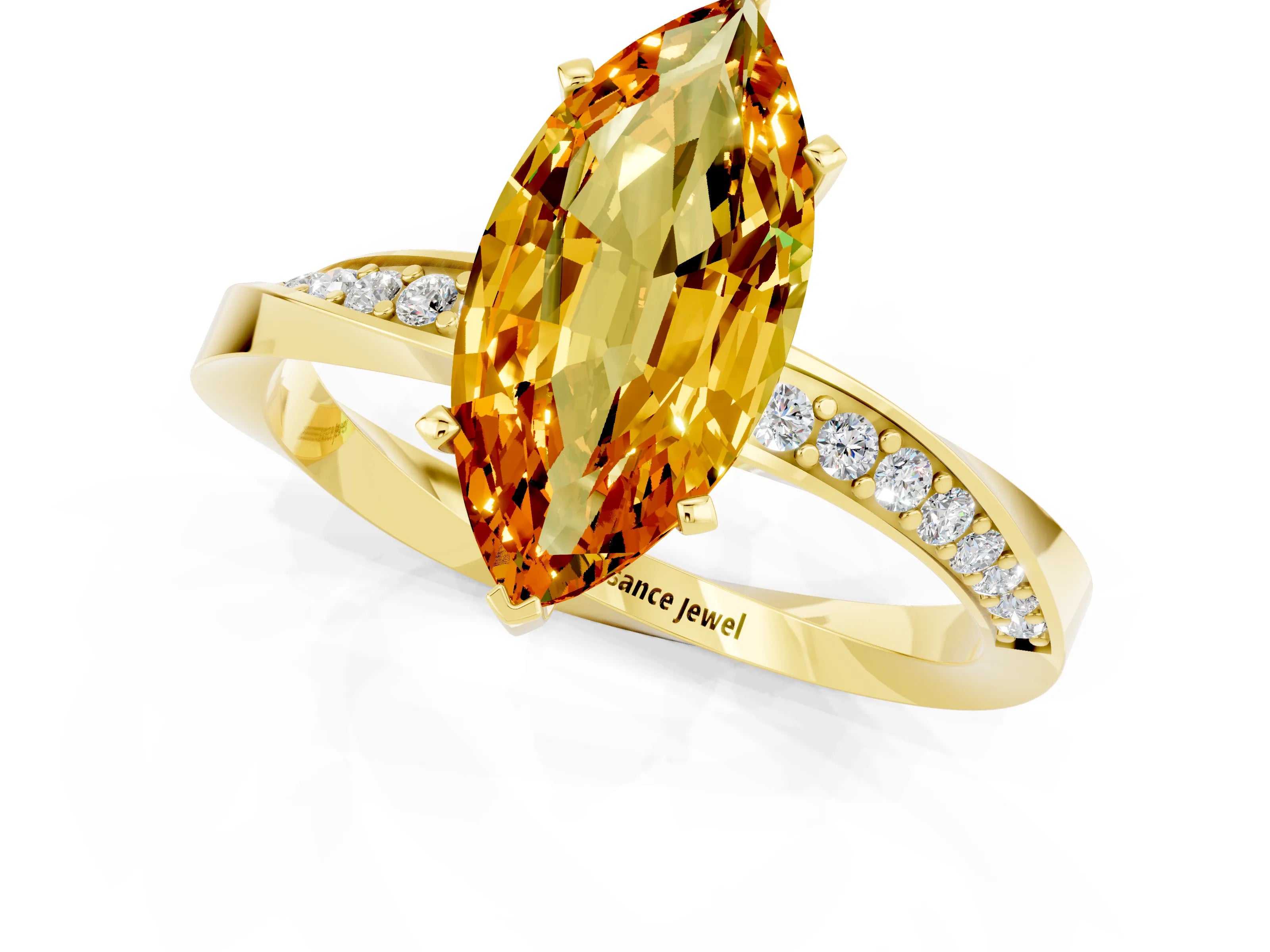 Yellow gold Marquise Cut Citrine Engagement Ring with Side Stone Accents and Four-Prong Setting_28
