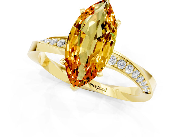 Yellow gold Marquise Cut Citrine Engagement Ring with Side Stone Accents and Four-Prong Setting