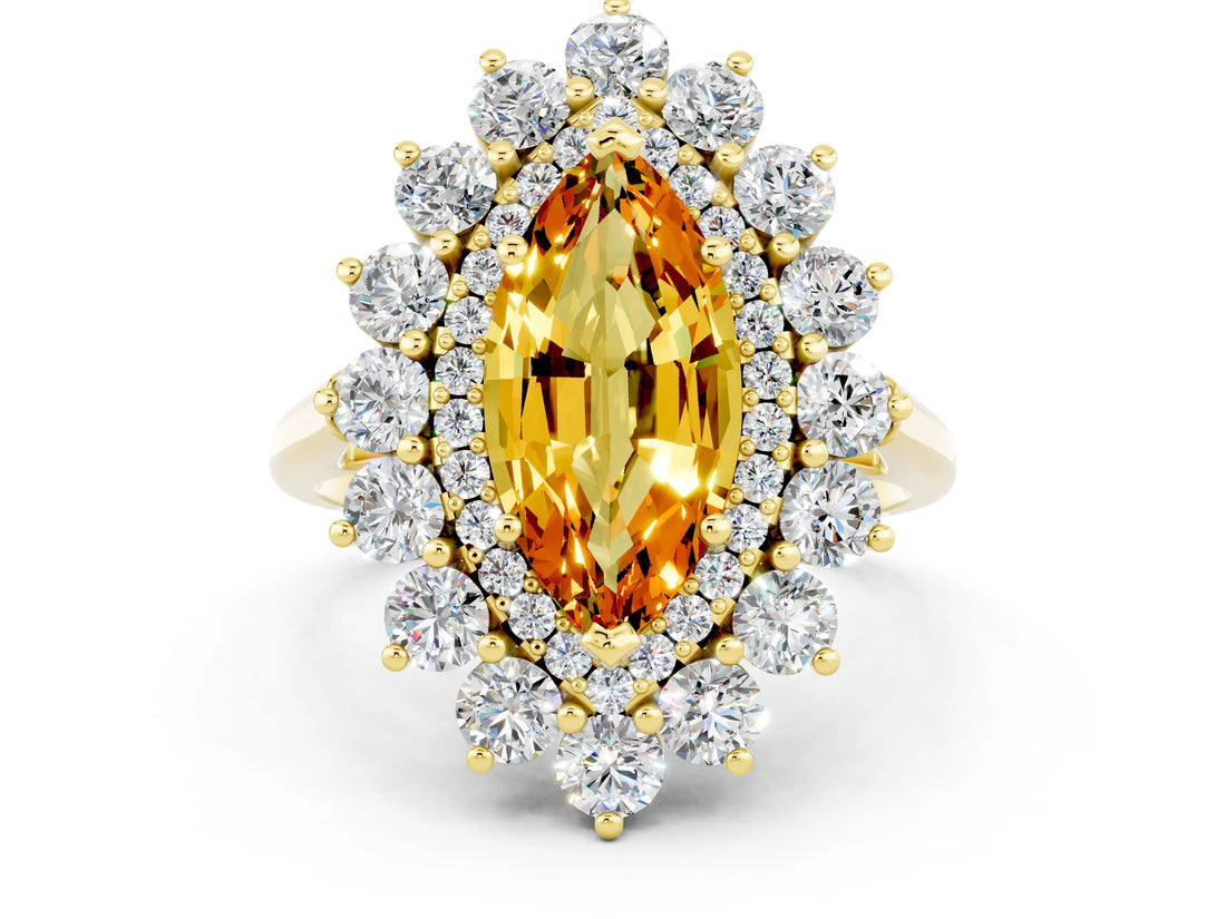Yellow gold Marquise Cut Citrine Floral Double Halo Engagement Ring with Prong Setting_61