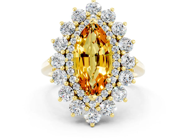 Yellow gold Marquise Cut Citrine Floral Double Halo Engagement Ring with Prong Setting