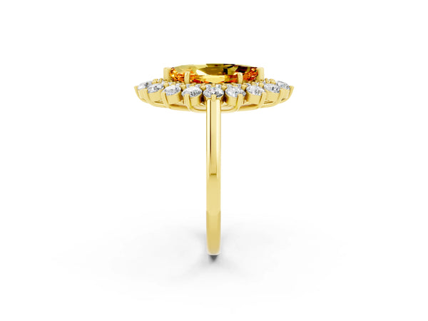 Yellow gold Marquise Cut Citrine Floral Double Halo Engagement Ring with Prong Setting