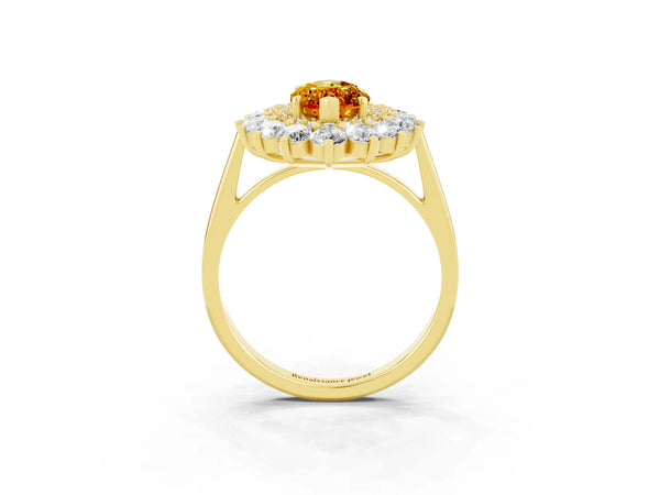 Yellow gold Marquise Cut Citrine Floral Double Halo Engagement Ring with Prong Setting