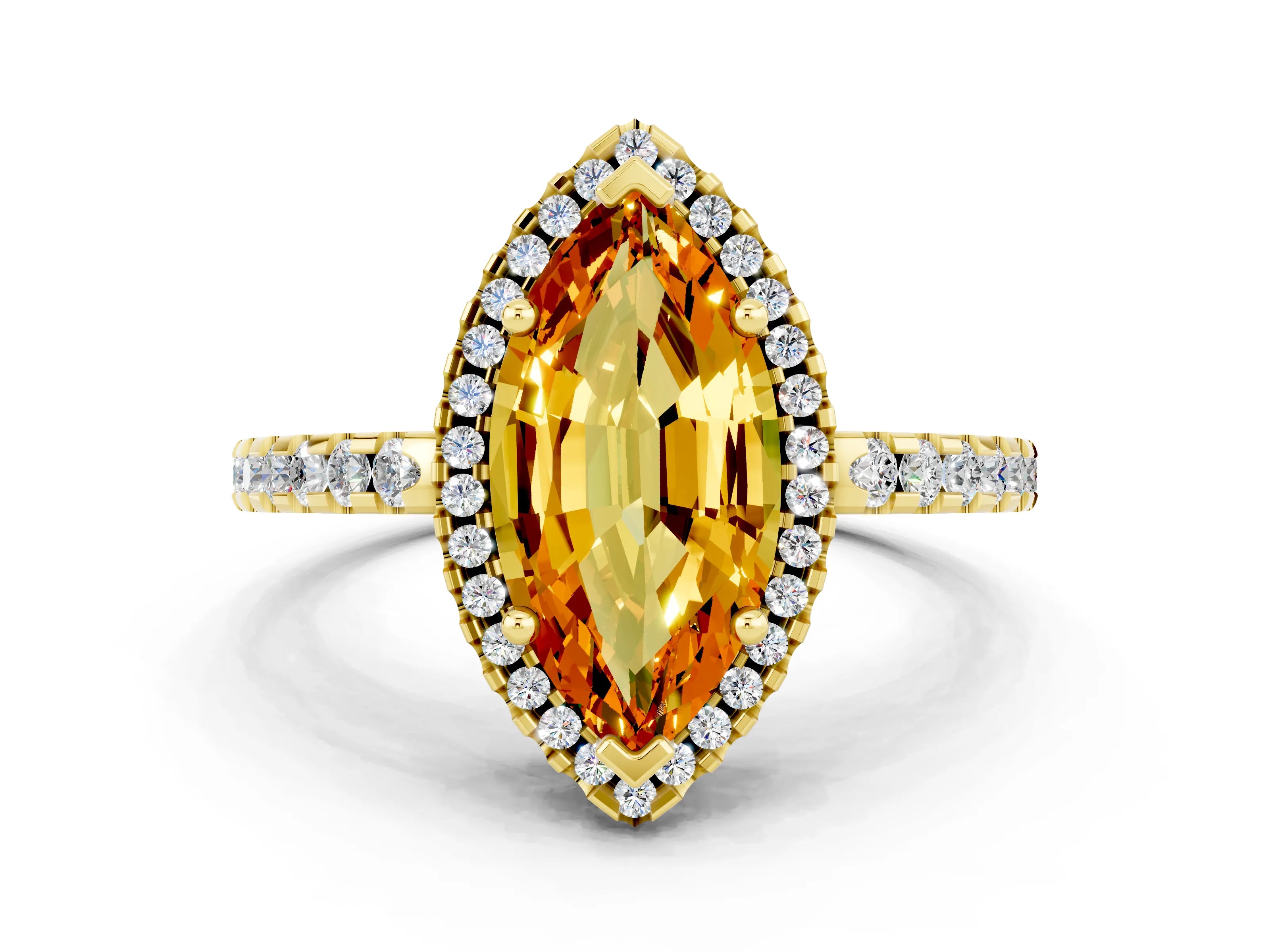 Yellow gold Marquise Cut Citrine Halo Engagement Ring with Pavé Band and Prong Setting_12