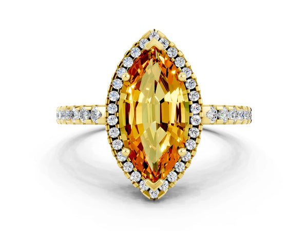 Yellow gold Marquise Cut Citrine Halo Engagement Ring with Pavé Band and Prong Setting