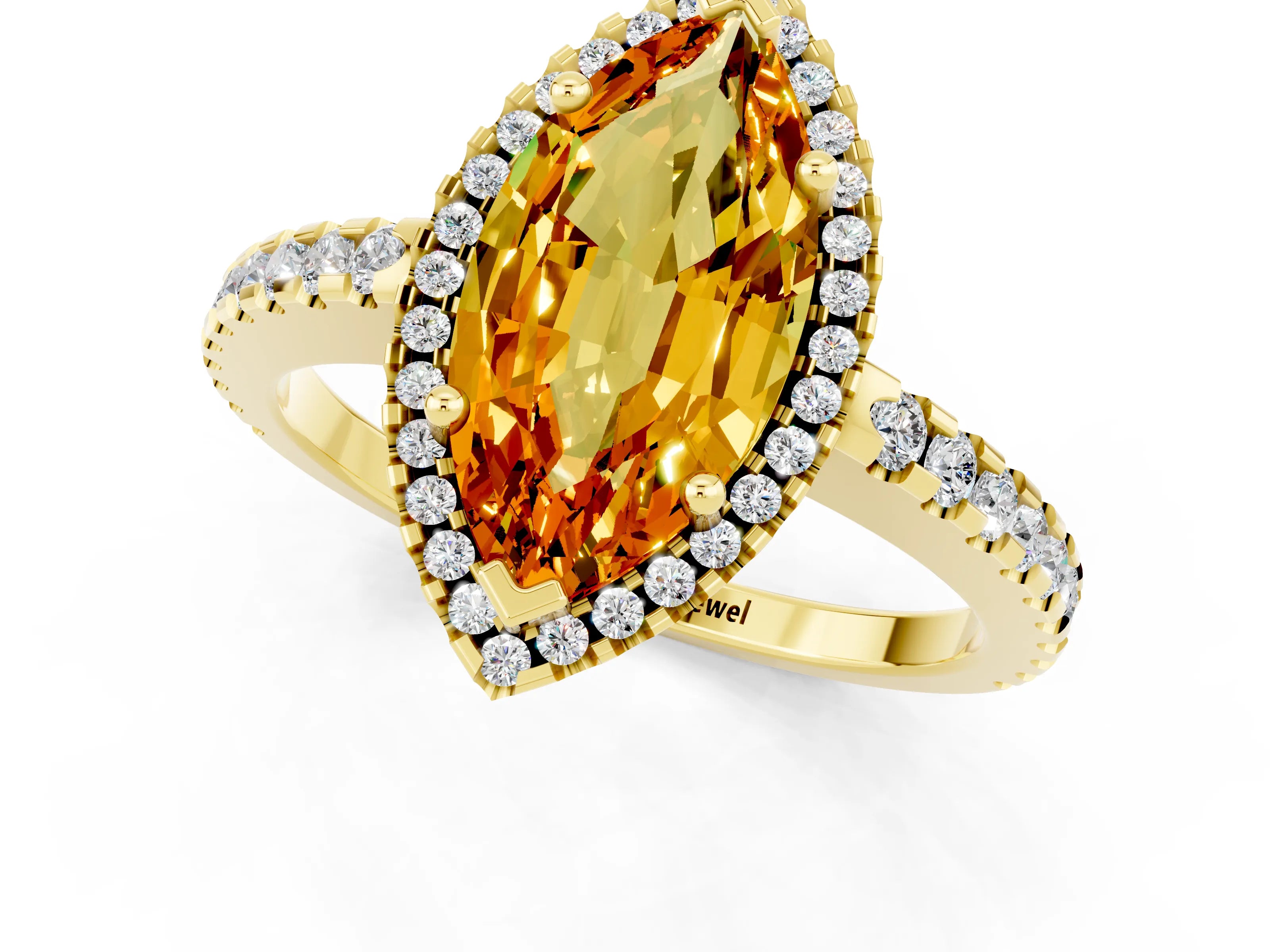 Yellow gold Marquise Cut Citrine Halo Engagement Ring with Pavé Band and Prong Setting_13