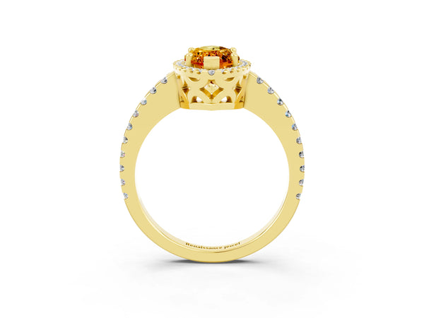 Yellow gold Marquise Cut Citrine Halo Engagement Ring with Pavé Band and Prong Setting