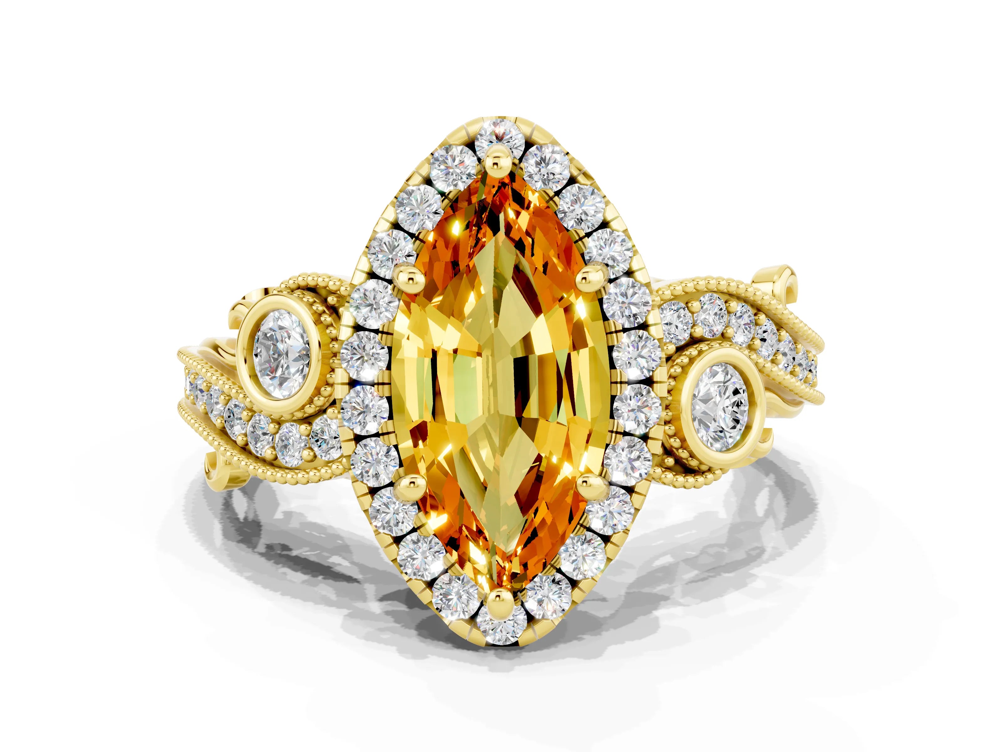 Yellow gold Marquise Cut Citrine Halo Ring with Milgrain Pavé Band and Four-Prong Setting_12