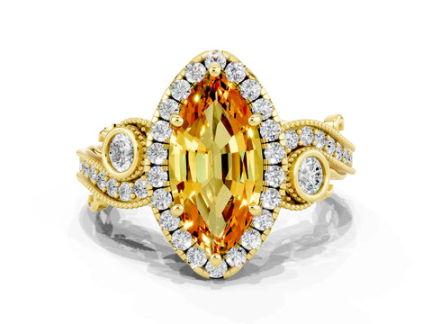 Yellow gold Marquise Cut Citrine Halo Ring with Milgrain Pavé Band and Four-Prong Setting_12