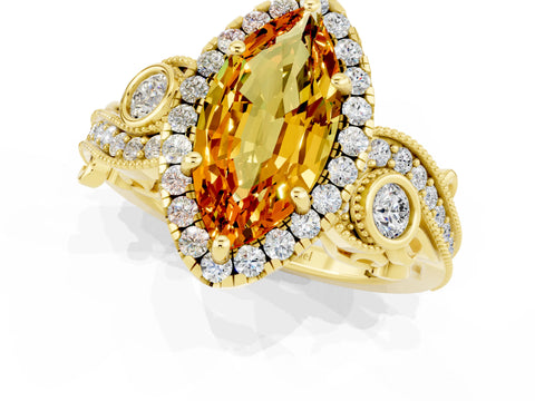 Yellow gold Marquise Cut Citrine Halo Ring with Milgrain Pavé Band and Four-Prong Setting_13