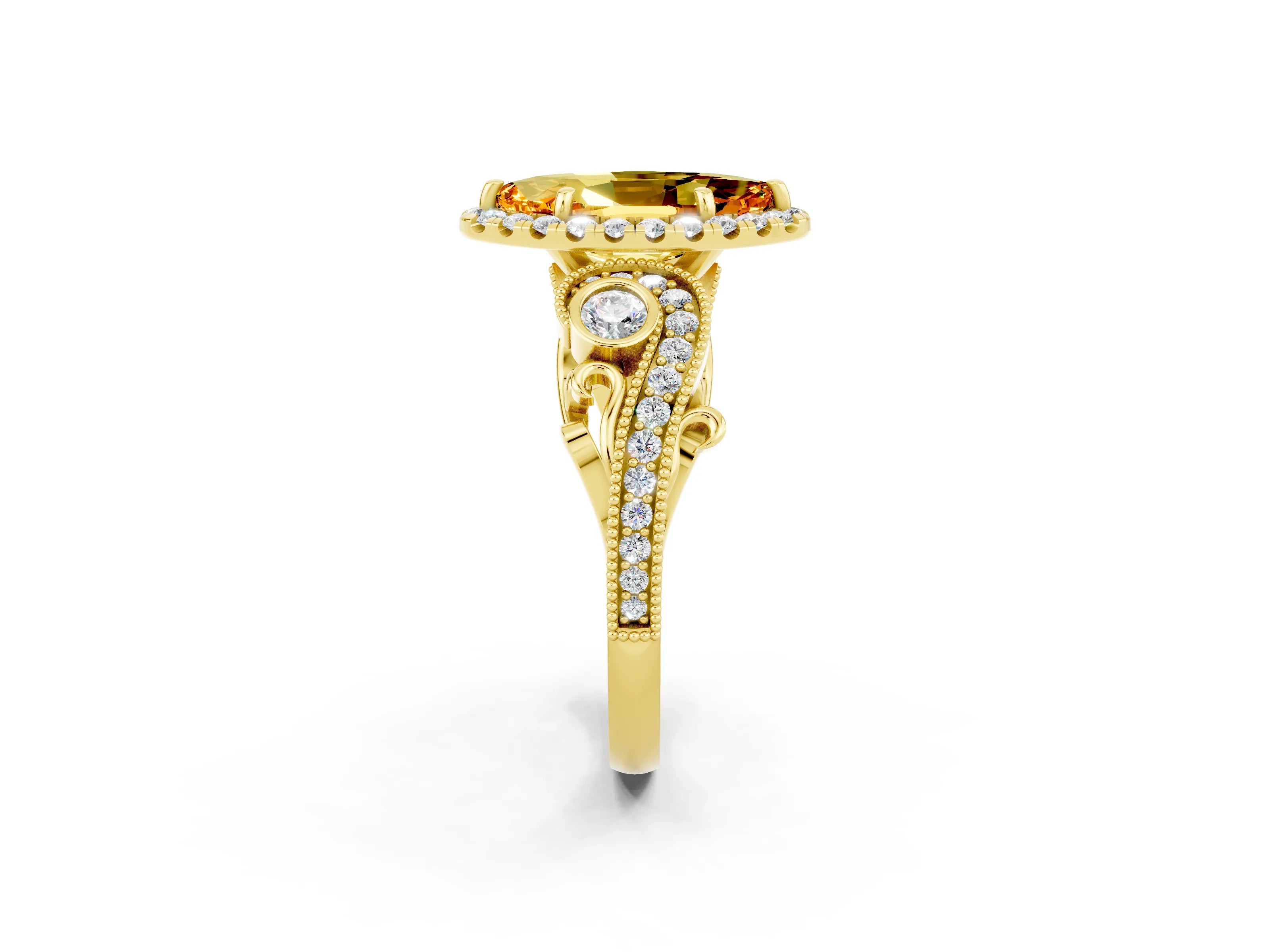 Yellow gold Marquise Cut Citrine Halo Ring with Milgrain Pavé Band and Four-Prong Setting_14