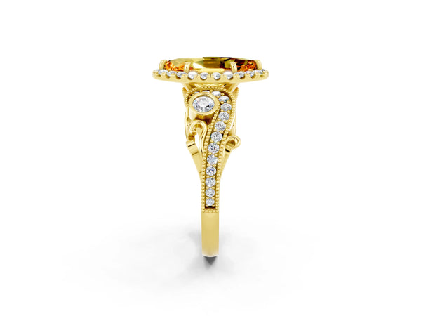 Yellow gold Marquise Cut Citrine Halo Ring with Milgrain Pavé Band and Four-Prong Setting