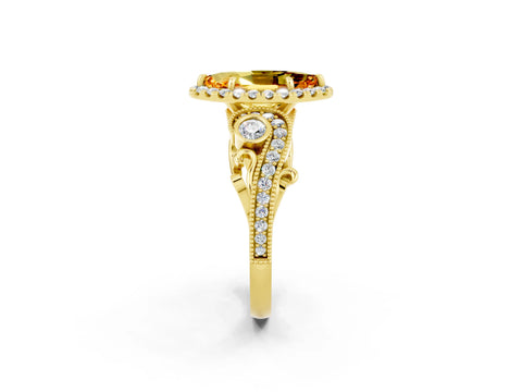 Yellow gold Marquise Cut Citrine Halo Ring with Milgrain Pavé Band and Four-Prong Setting_14