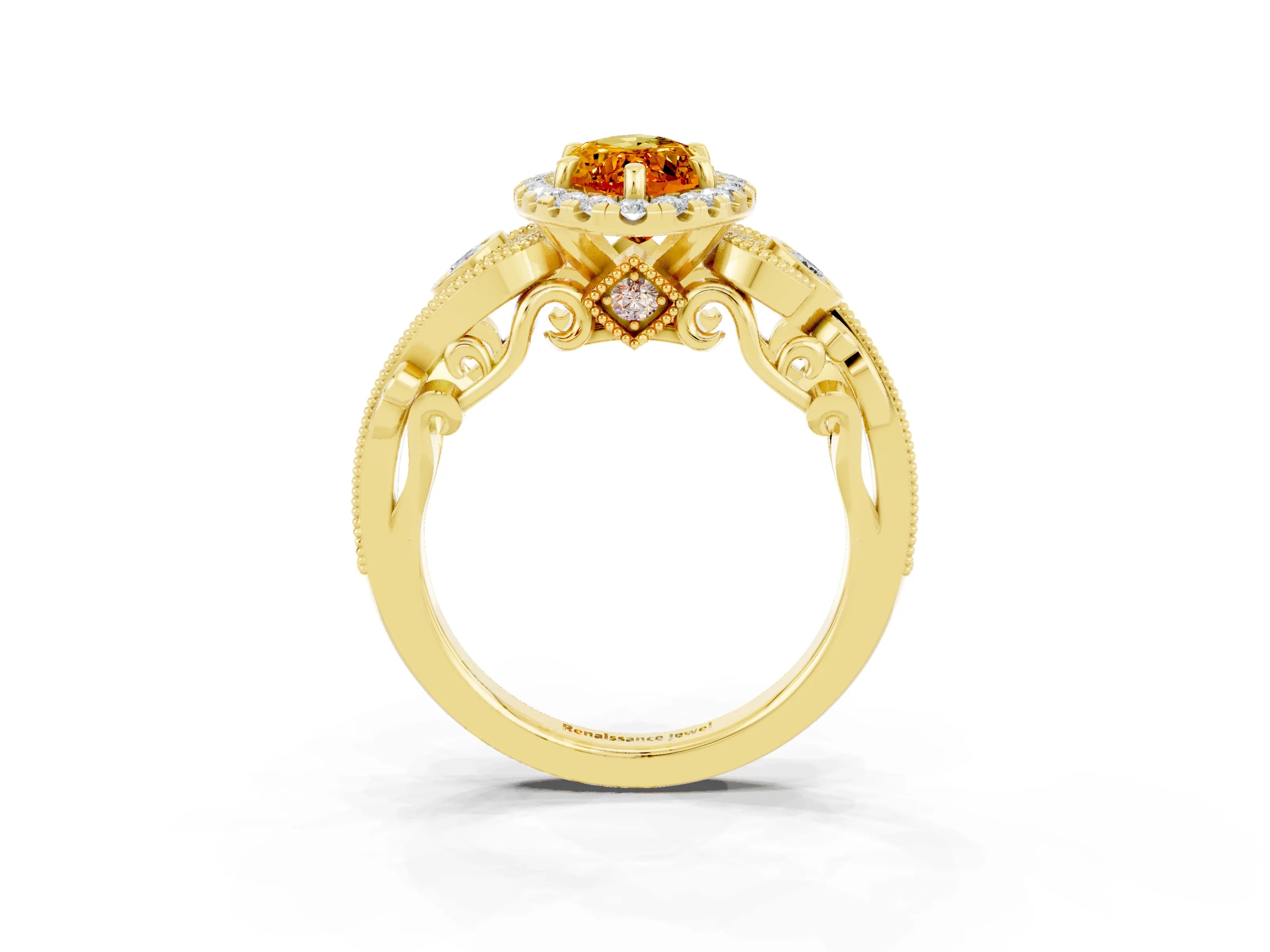 Yellow gold Marquise Cut Citrine Halo Ring with Milgrain Pavé Band and Four-Prong Setting_15