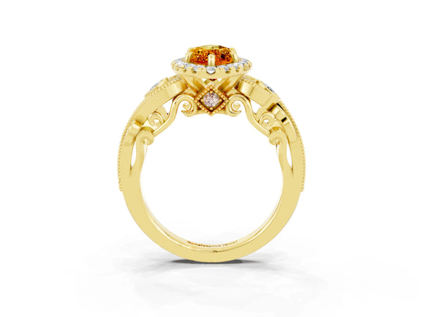 Yellow gold Marquise Cut Citrine Halo Ring with Milgrain Pavé Band and Four-Prong Setting