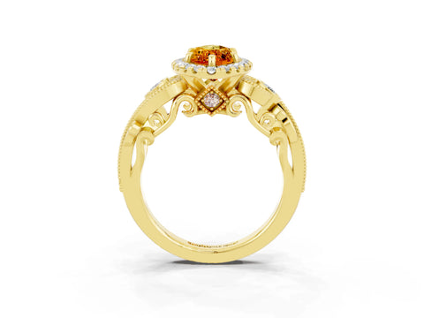 Yellow gold Marquise Cut Citrine Halo Ring with Milgrain Pavé Band and Four-Prong Setting_15