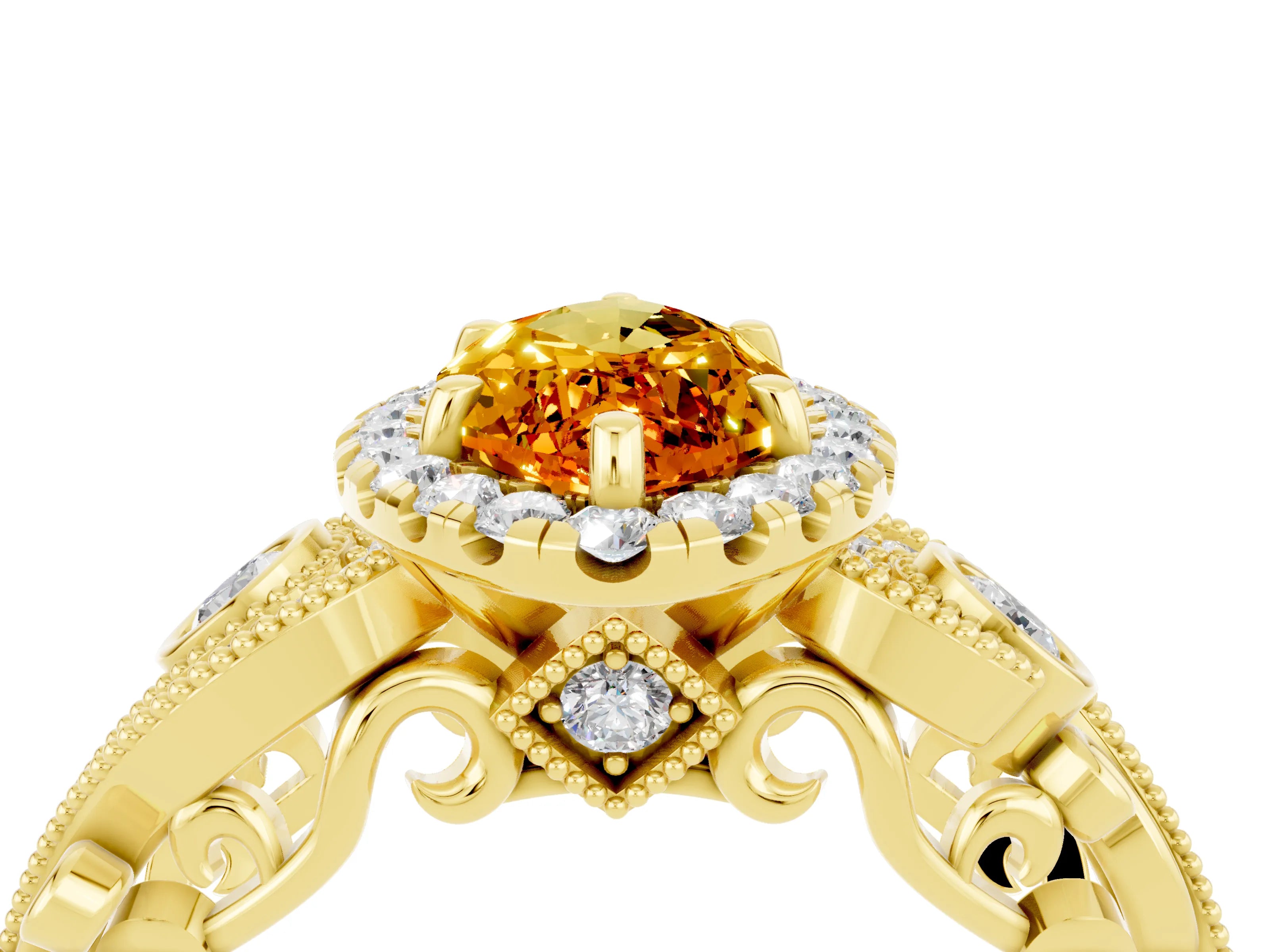 Yellow gold Marquise Cut Citrine Halo Ring with Milgrain Pavé Band and Four-Prong Setting_16