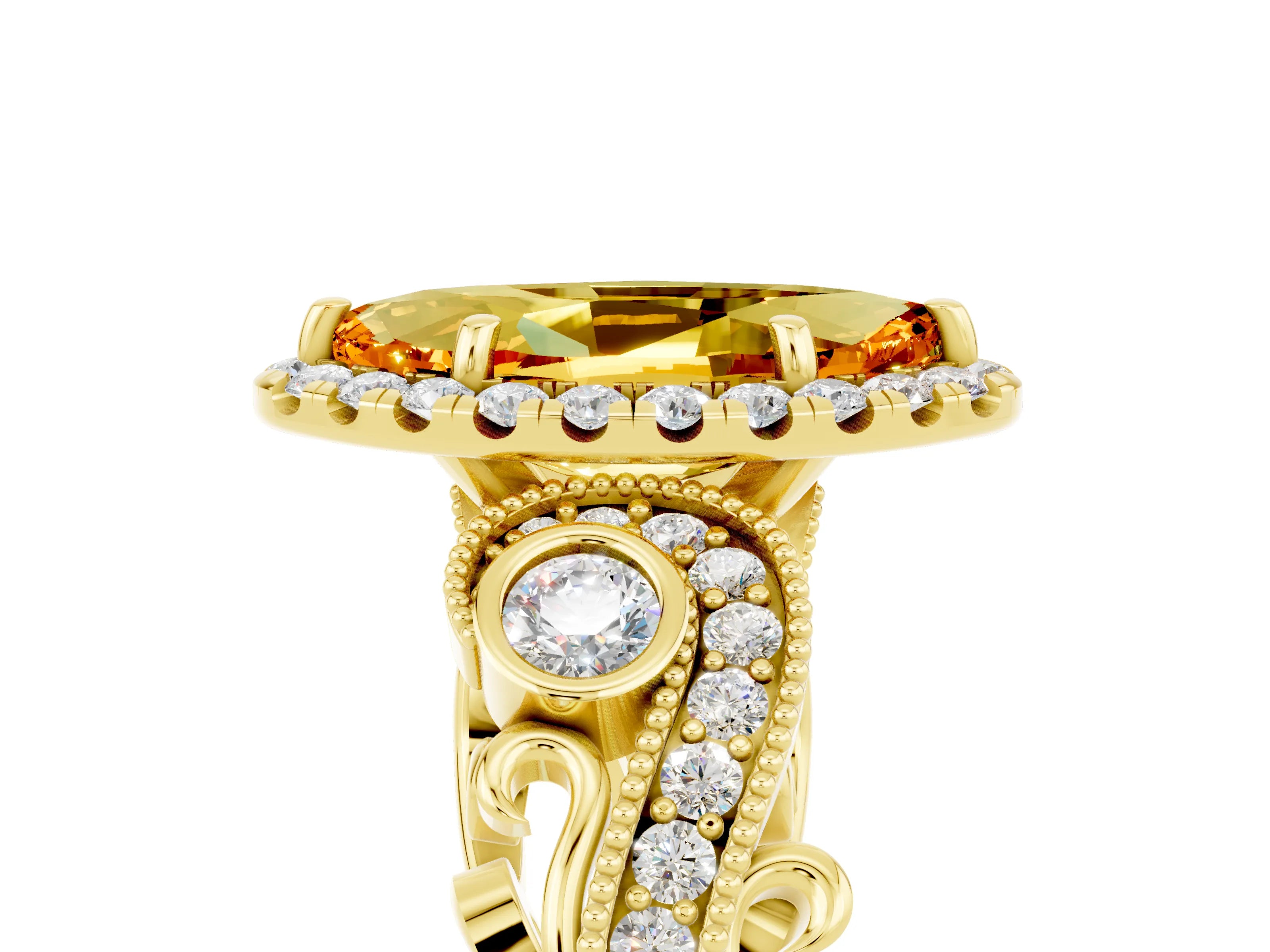 Yellow gold Marquise Cut Citrine Halo Ring with Milgrain Pavé Band and Four-Prong Setting_17