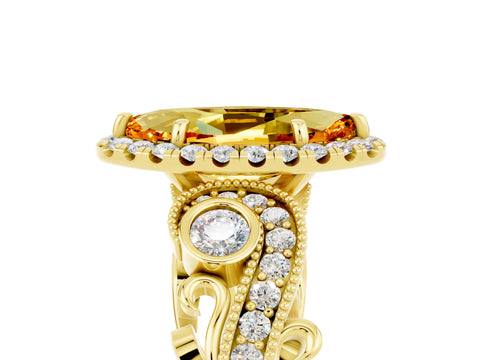 Yellow gold Marquise Cut Citrine Halo Ring with Milgrain Pavé Band and Four-Prong Setting_17