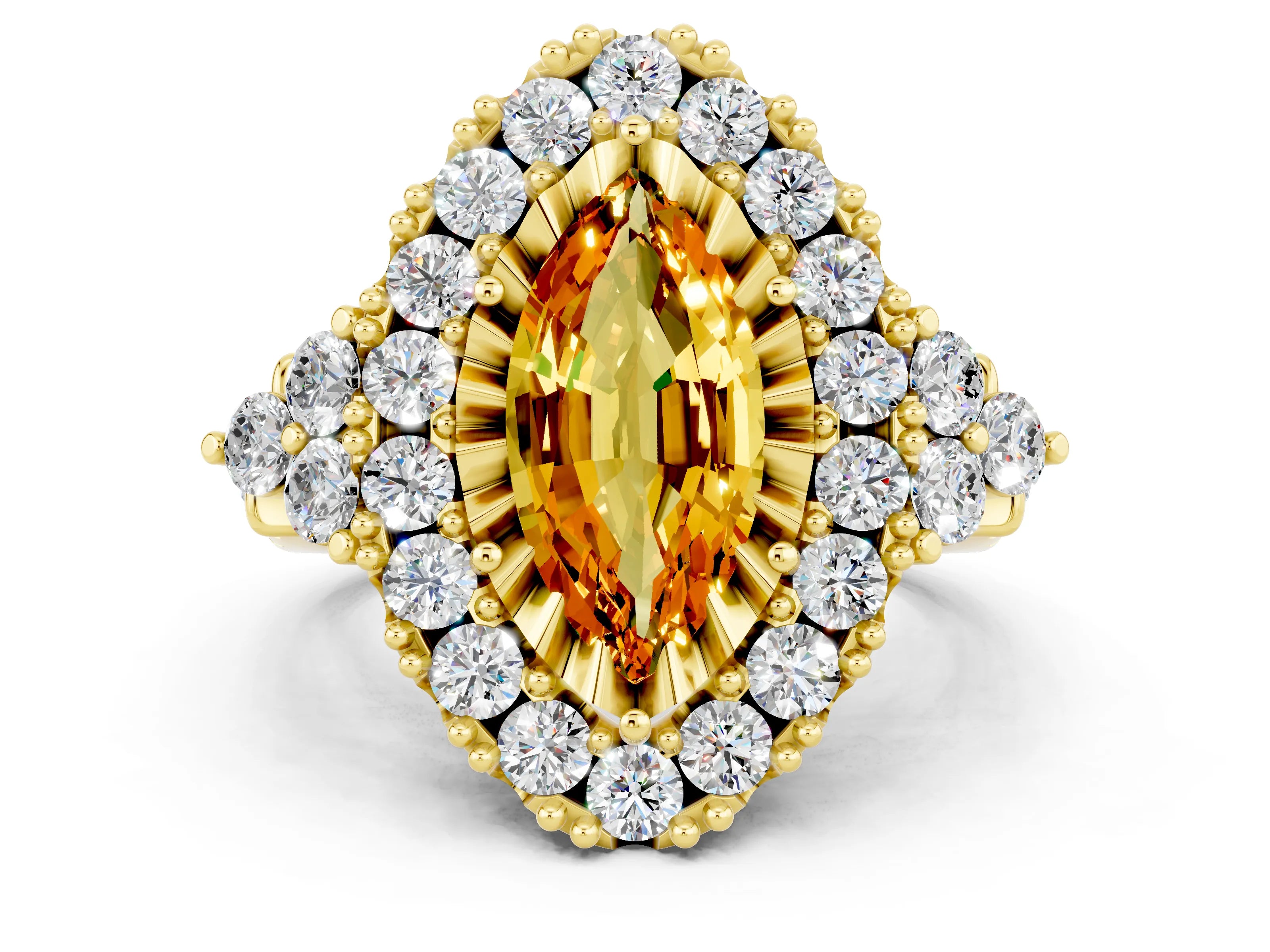 Yellow gold Marquise Cut Citrine Halo Ring with Pavé Band and Four-Prong Setting_12