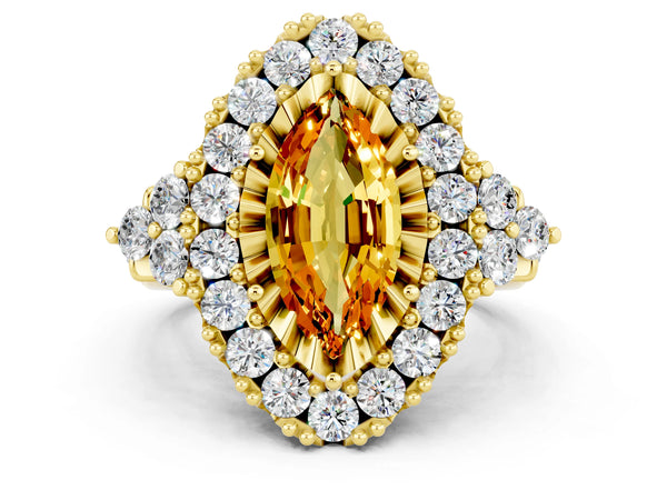 Yellow gold Marquise Cut Citrine Halo Ring with Pavé Band and Four-Prong Setting